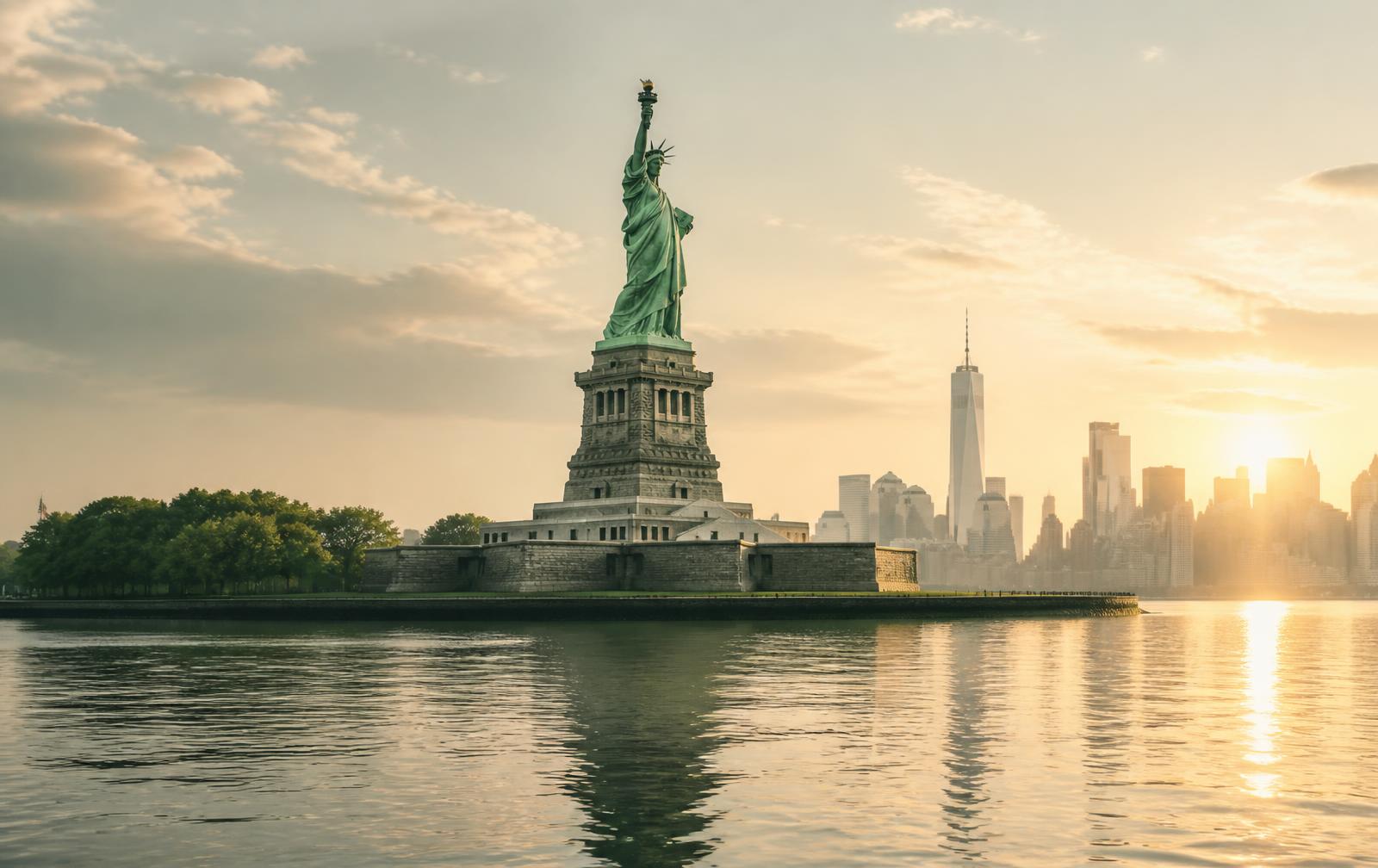 Statue of Liberty and Lower Manhattan skyline at sunrise